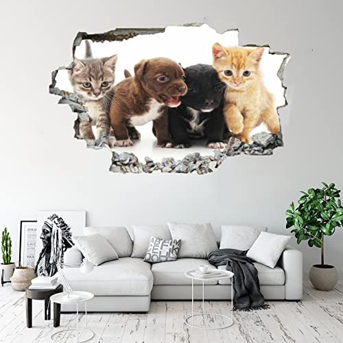 Kuletkear 3D Wandtattoo Wandaufkleber Tier Katze Hund B 120 x H 80 cm Wandsticker Wanddeko Wandbilder für Wohnzimmer Schlafzimmer Badezimmer Flur Küche Möbel Aufkleber