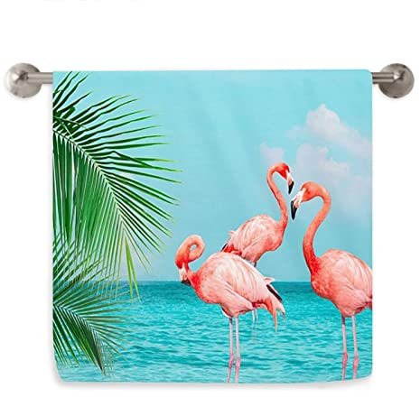 VunKo Mikrofaser-Handtuch mit Flamingos, stehend in blauem Meer mit sonnigem Himmel, weich, sehr saugfähig, dekoratives Geschirrtuch für Badezimmer, Strand, Hotel, Fitnessstudio, Yoga, 40.6x71.1 cm