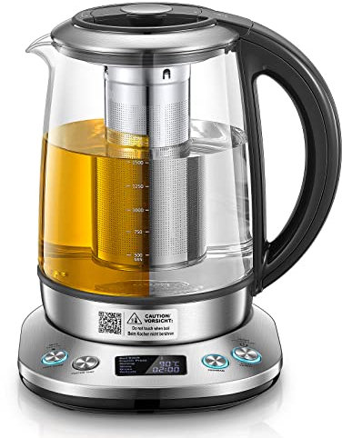 Wasserkocher mit Temperatureinstellung - FOHERE 2200W Wasserkocher Glas - 6 Voreinstellungen - 2 Stunden Warmhaltefunktion - 1.7L Teekocher - LCD Bildschirm - Basisstation aus Edelstahl
