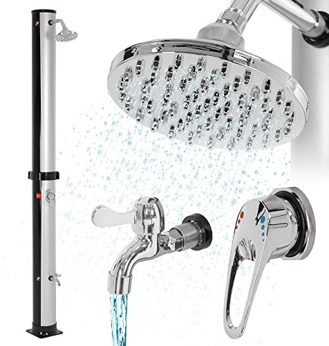 ML-Design Solardusche 35L 217,5cm rund mit Fußdusche und Regenduschkopf Silber-Schwarz, warmes Wasser, 60°C ohne Stromanschluss, mit Gartenschlauch-Anschluss, Solar Gartendusche Außendusche Pooldusche