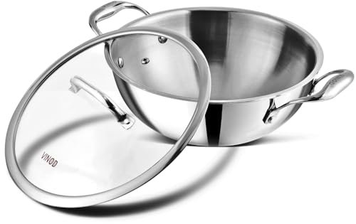 Vinod Platinum Triply Stainless Steel Kadai with Glass Lid, 3.7 Litre, 26 cm | 3-Ply Wok with Heavy Base | Induction & Gas Stove Compatible | Curry Pan for Deep Frying | Riveted Handles - Silver