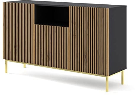 BIM Furniture Kommode Ravenna A 2D1D 150 cm gefräst MDF, Sideboard Highboard Schrank, 3 Türen (Schwarz Matt/Artisan Eiche)