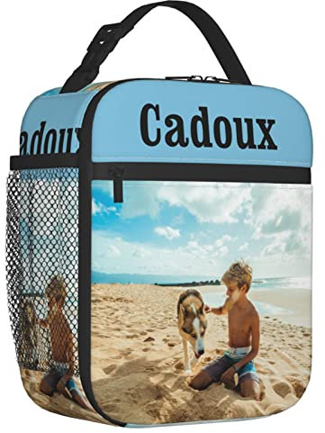 Personalised Lunch Bag for Boys & Girls, Customised Reusable Insulated Cooler Lunch Bag with Photo Name Text Logo, Leakproof Portable Lunch Box with Pocket and Clip On Handl for Office Work School