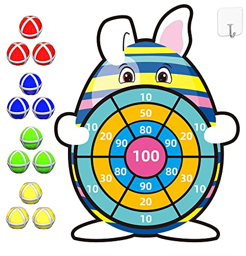 DQMOON Easter Gifts for Age 3-9, Easter Egg Toys 76cm Easter Bunny Velcro Dartboard Party Game with 12 Sticky Balls for 4-9, Easter Gifts Tossing Game for , Easter decor for 3-10