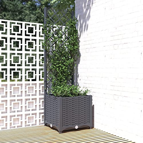 JUNZAI Jardinière avec Treillis Gris foncé 40x40x136 cm PP,Jardinières,Jardinieres Exterieur,Bac Jardiniere,Bac à Fleurs Extérieur,Jardinieres Balcon