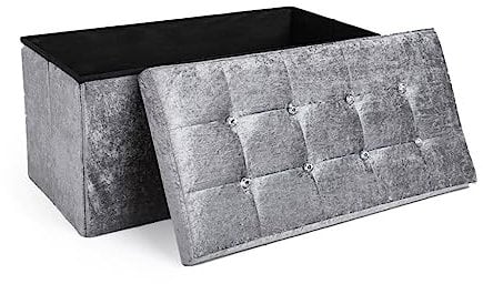 Silver Grey Crushed Velvet Button Storage Box with Lids Ottoman Large Toy Chest Stool Storage, Ample Space for Organizing Clutter, Elegant Home Decor Storage Box – 78cm x 38cm x 38cm