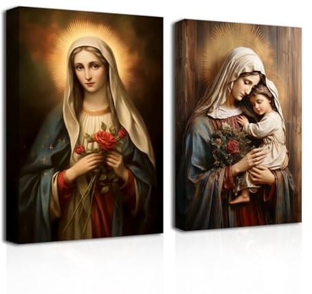 CXHOSTENT Leinwand Wandbilder der Jungfrau Maria 2-teiliges Porträt der katholischen Heiligen Jungfrau Maria Kunstdrucke Jesus Bilder Gott Poster (D, 28.00 x 35.00 cms x 2PCS)