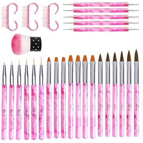 28Pcs Nail Art Brushes Set, Professional Nail Brush Dotting Tools Kit, Nail Striper Brush Acrylic Nail Brush Nail Painting Brush Fine Line Nail Brushes Nail Dust Brush for DIY (N28 Pink)