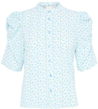 Ichi IXNINA Damen Bluse Shirt Kurzarmbluse mit Knöpfen Puffärmel Regular fit, Größe:40, Farbe:Cloud Dancer w. Blue Flower (204389)