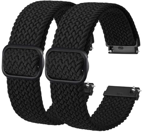 BISONSTRAP 2 Stück Geflochtene Nylon Armband 20mm, Verbesserte Verstellbare Schnalle, Dehnbare Schlaufen Uhrenarmband für Herren und Damen, Schwarz+Schwarz