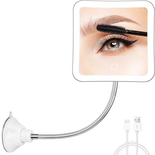 Fabuday Miroir grossissant flexible à col de cygne éclairé x 30 – Miroir de voyage LED rechargeable amélioré avec ventouse pour salle de bain, éclairage 3 couleurs, carré