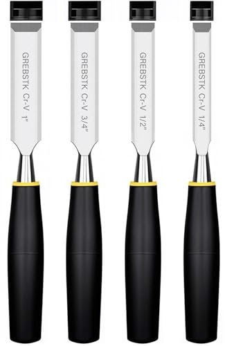 GREBSTK 4 tlg. Stechbeitel Set für professionelle Holzbearbeitung Extra große Ausführung aus CRV Stahl mit scharfer Schrägkante und schlagfestem Griff