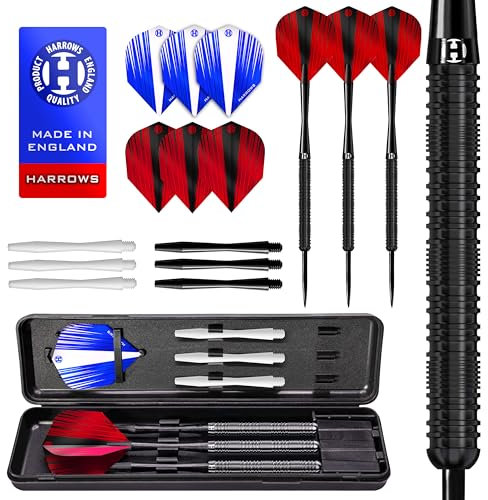 Harrows Caliber 90% Tungsten Steel Tip Darts Set I 21g bis 30g Alle Gewichte verfügbar I Riesiges 16-teiliges Bundle mit Ersatzschäften, Prime Flights & Reiseetui (Schwarz, 30 Gramm)