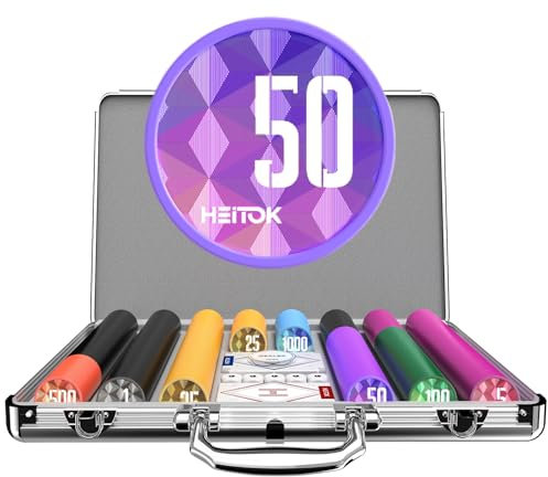 HEITOK Poker Chip Set 500 Stück – Profi Eisenkern Pokerchips 11,5g, Komplettset mit Zubehör, Karten (englisch), 5 Würfeln & robustem Aluminiumkoffer, Party, Geschenkidee, Texas Hold'em, Blackjack