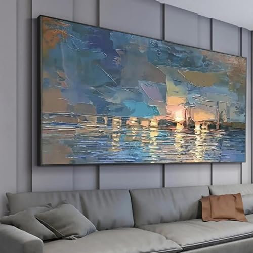ZHUOYA Impressions Grand voilier abstrait paysage marin peinture à l'huile sur toile art mural texturé bleu océan paysage chambre décor art 50x100 cm sans cadre