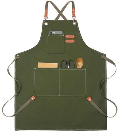 jiuzcare Grillschürze für Männer 76cm Baumwoll-Schürze mit Fronttaschen Taschen Einstellbare mit Leder überzogener Kordelzug BBQ Schürze Geeignet für Küche Grill Handgemacht Backen, Armeegrün