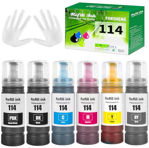 FANSHENG 114 Tinte kompatibel mit Epson 114 Tintenfehlflaschen für ET-8500 ET-8550 Drucker (6 Pack Schwarze/Foto Schwarze/Cyan/Magenta/Gelb/Grau)