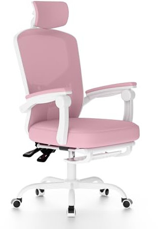 naspaluro Ergonomic Office Chair with Footrest, High Back Mesh Office Chair with Lumbar Support, Computer Desk Chair with Headrest, Reclining Desk Chairs for Home Office-Pink