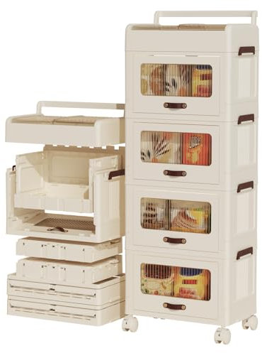 Heikoeco® Faltbare Schubladenboxen mit Deckel& Rollen, Rollcontainer mit Schubladen weiß, Schubladenschrank Kunststoff (Polypropylen) für Wohnung, Büro (4 Ebenen mit Schubladen)