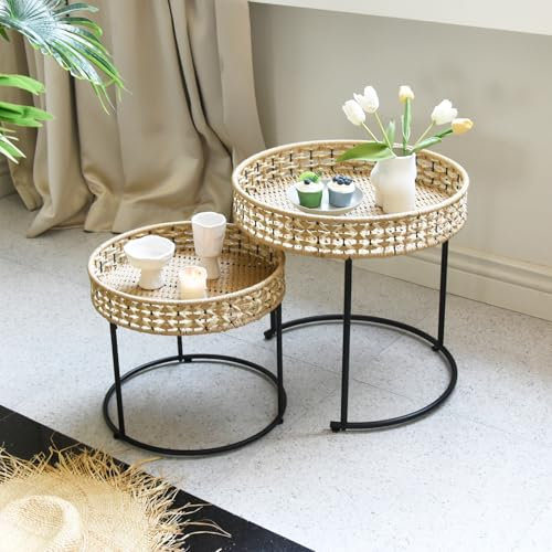 FAME HOME Runder Beistelltisch 2er Set, Vintage Kleiner Runder Beistelltisch, Rattan Beistelltische für Wohnzimmer, Nisttisch Mini Nachttisch Couchtische Handgewebte Nachttische