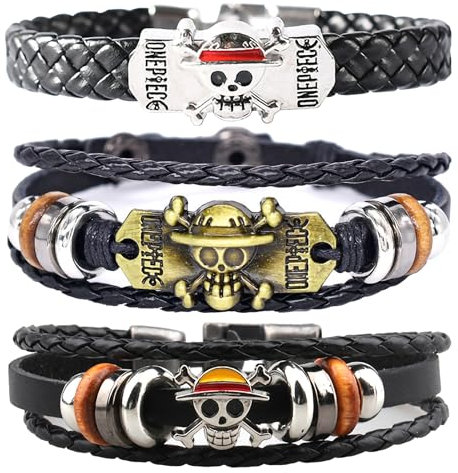 WKxinxuan One Piece Braccialetti Merch 3 Pcs Bracciale avvolgente con One Piece occhio del diavolo con Accessori a Forma di Teschio e in Pelle Tressata bello Regalo Decorazione