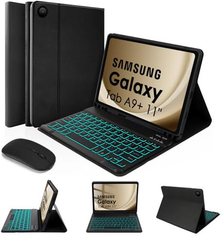 LAMA Backlit Keyboard Case and Mouse for Galaxy Tab A9+/A9 Plus 2023 11 Inch (SM-X210/X215/X216), UK Layout Bluetooth Keyboard with Pen Holder for Samsung Tab A9+, Black