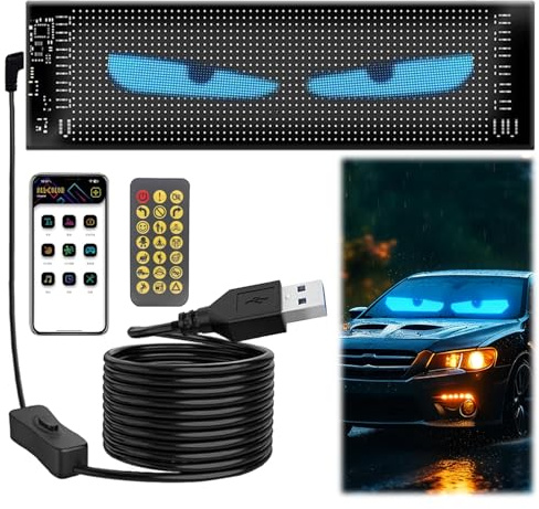 Devil Eyes Light Car Sign, Full Color Huge Bright Scrolling Led Light Sign for Trucks Window, Programmable Personalised Led Name Sign, DIY Dynamic APP Control LED Big Eye Lights for Windshield