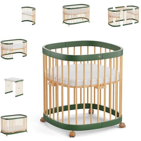 tweeto® Babybett Kinderbett 7-in-1 KOMPLETT Set | bis zu 7 Funktionen | inkl. atmungsaktiver Matratze (Grün-Buche)