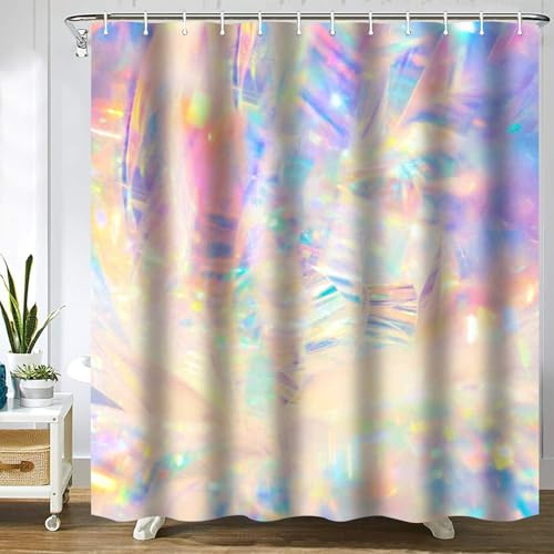 Gaakvrr Duschvorhang, holografischer Regenbogen, wasserdicht, Polyestergewebe, Badezimmervorhang-Set mit 12 Haken für Badezimmer-Dekor (180 x 180 cm)