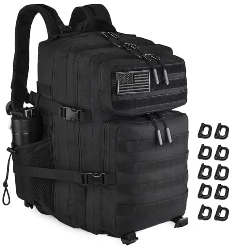 R.SASR Militärischer taktischer Rucksack, 45 l, großer taktischer Rucksack für Herren, Wanderrucksack mit Flaschenhalter, Schwarz 2.0, 40L, Wandern, Trekking