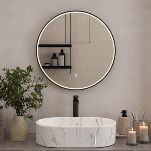 Planetmöbel VELUNA Spiegel mit Beleuchtung rund | Spiegel mit LED-Licht, Dekorativer Wandspiegel mit Alu-Rahmen, Dimm-Funktion, 3000-6500k, 3 Lichtstufen, 60 x 60 cm