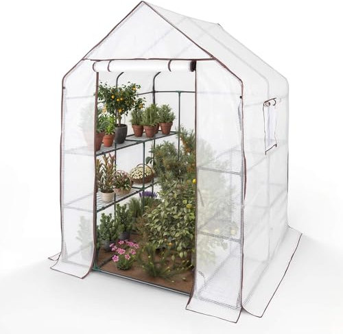 Arebos Premium Foliengewächshaus Gewächshaus mit 3 Ebenen - 143 x 143 x 195 cm Treibhaus mit Ablagen & Ventilationsfenster - Platzsparend, Hochwertiges Anzuchthaus Garten Balkon Stabil