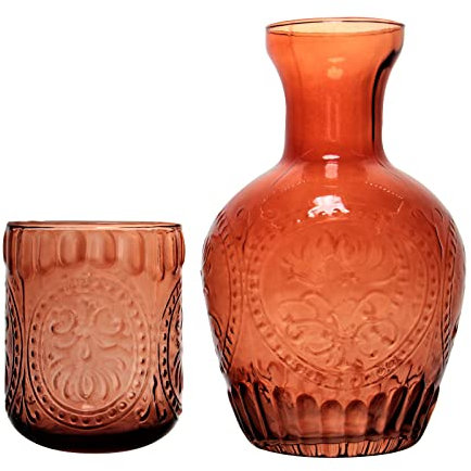 Bedside Water Carafe Glass Set, Vintage Night Water Carafe and Tumbler, 1200ml Hot Cold Beverage Water Jug with 350ml Cup, Retro Relief Nightstand Pitcher for Juice, Wine, Home Decor (Orange)