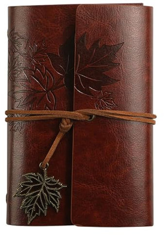 TPZORJX 1 carnet en cuir de vachette à la feuille d'érable avec reliure kraft vintage rechargeable Carnet de notes vintage (A7 marron rouge)