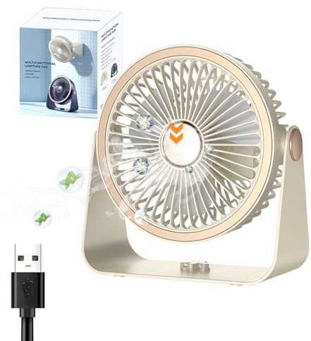 ningzhi Desk Fan Mini Fan Quiet Operation USB fan 5 Speeds Wind 3 Speeds Light Adjustable 360°Rotatable Head Built-in Aromatherapy Box Table Fan for Home Office Bedroom Kitchens Wall and Desktop