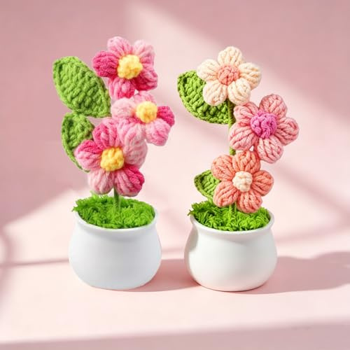2 PCS 17*5 cmArtificial Crochet Flowers Potted Plant, Crochet Flower Bouquet Pink Knitted Flowers Bouquet Small Handmade Knitted Flower Pot for Table Decor for Home Office Decor,Birthday Gifts for Her