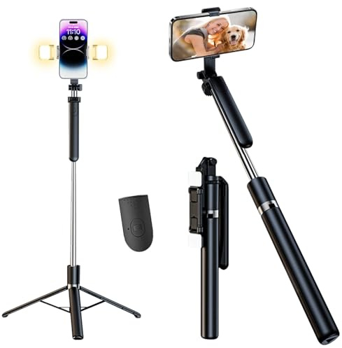 180cm/71inch Selfie Stick Tripod with 2 Fill Lights Phone Tripod with Detachable Wireless Bluetooth Remote Control 360° Rotatable Extendable Portable Travel Phone Stand