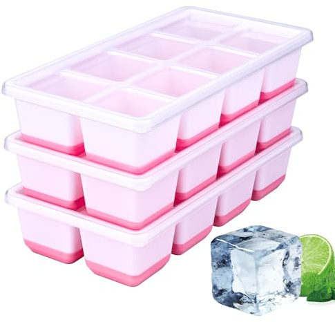 Large Ice Cube Trays, 1.8in Square Silicone Ice Cube Trays with Lids, Easy Release BPA-Free Ice Trays for Freezer, Deep Ice Cube Moulds for Whiskey, Cocktails, Drinks(3 Pack Pink)