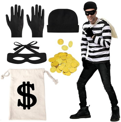 5 Stück Bankräuber Kostüm Set, Dieb Verkleidung, Teiliges räuber kostüm Set, Kostümset für Räuber, Herren Bankrä-uber Kos-tüm T Shirt, Geldsack Rä-uber, für Karneval, Cosplay, Kos-tümparty