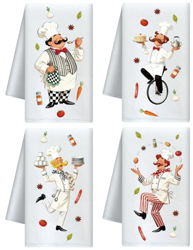 CUTHOLLOW 4er-Set Geschirrtücher mit Motiv Chef-Küche - Weich & Saugfähig | - Deko Trockentuch Microfaser für Küche, Tee, Kaffee, Bar, Zuhause, Bestes Geschenk zur Einweihung, Geburtstag
