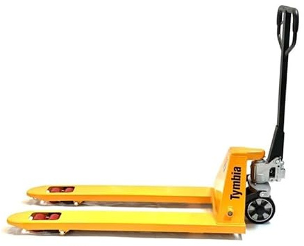 Transpalette manuel TYMBIA 2 500 kg de capacité, fourches 1150 x 540 mm, roues en caoutchouc et doubles rouleaux en polyuréthane (livré avec gouvernail démonté).