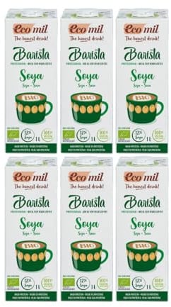 Ecomil - Bebida Vegetal de Soja Barista Bio, Pack 6 x 1 L, Sin Lactosa, Ecológica, Vegana, Bajo en Azúcares, Espuma Perfecta, Sabrosa, Ideal para Cafés