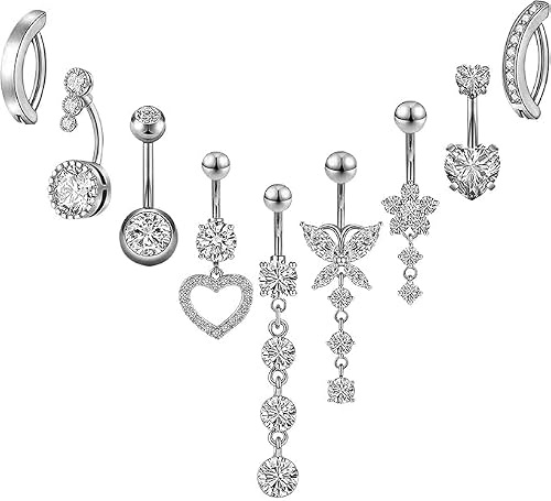 9 Stück Bauchnabelpiercing Chirurgenstahl Silber für Damen, Hypoallergen | Wasserdicht, 10mm Stablänge mit Zirkonia, Hängend Schmetterling, Herz & Blumen-Anhänger, für Frauen Mädchen
