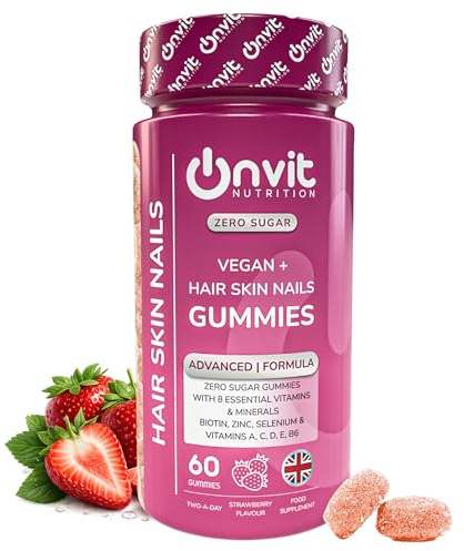 Onvit Zero Sugar Hair, Skin & Nails Gummies – 60 Vegan Biotin Gummies with Zinc & Selenium + Vitamins (A, C, D, E & B6) – Strawberry Flavoured Gummies for Healthy Hair, Glowing Skin & Strong Nails