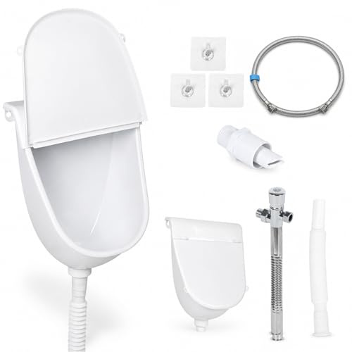 Urinal mit Deckel, Wasserloses Wandurinal für Männer ohne Bohren, Spritzwassergeschützte Kunststoff Urinale mit Spülventil und Ablaufschlauch, Geruchsneutral Urinal für Wohnmobil Camping Garten (Weiß)