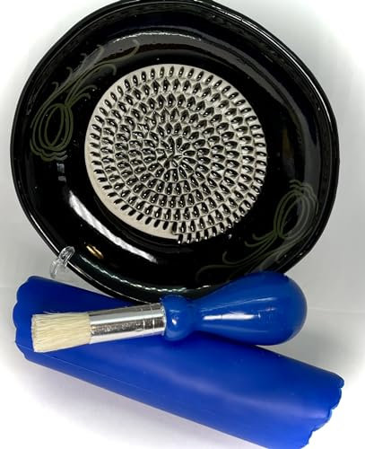 BonCera, All-in-one 4pcs Premium Ceramic Garlic Grater Set - HandMade, Black Garlic Design Grater Plate w/Garlic Peeler, Gathering Brush, Display Stand, It's also grating Turmeric, Ginger, and more,