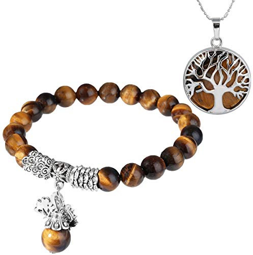 mookaitedecor Oeil de Tigre Perles Protection Bracelet Pierre Naturelle Lithotherapie Collier Pendentif Arbre de Vie Bijoux pour Femme