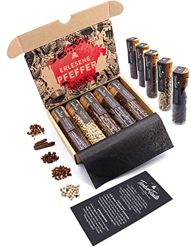 TIMBER TASTE® Pfeffer Geschenkset für Männer & Frauen - 5 erlesene Gewürze aus aller Welt als besonderes Geschenk für Erwachsene & Pfefferliebhaber - Gewürz Set Genusspaket Geschenke zum Geburtstag