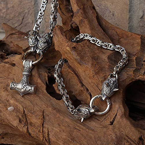 YCYR Viking Thors Hammer Schmuck Set, Nordische Mythologie Mjölnir Amulett Halskette Und Herren Vintage Handgefertigte Byzantinische Wolfskopf Armband,Silber,70CM/28IN