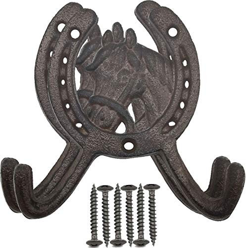 TIHOOD Garderobenleiste aus Gusseisen, Pferdekopf, 2 Haken, rustikaler Ranch-Stil, Wandmontage, Handtuchhaken